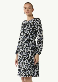 Gemustertes Midi-Kleid mit Faltenausschnitt