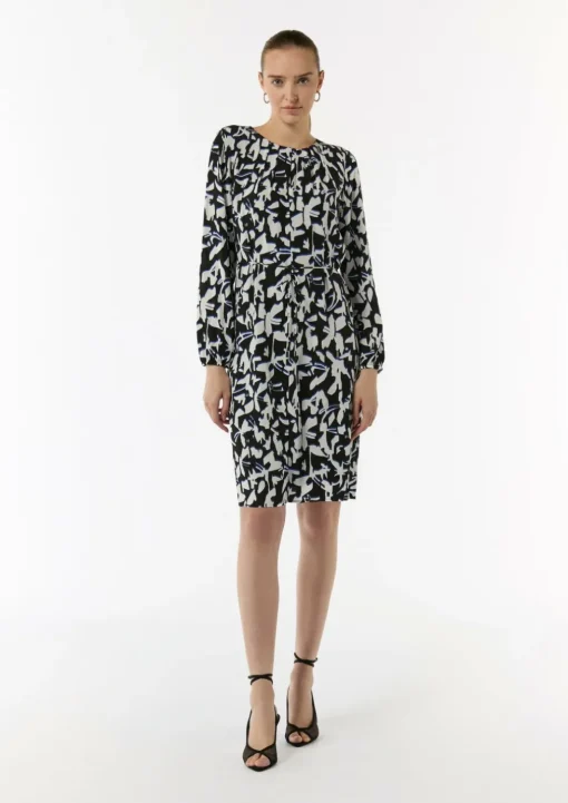 Gemustertes Midi-Kleid mit Faltenausschnitt