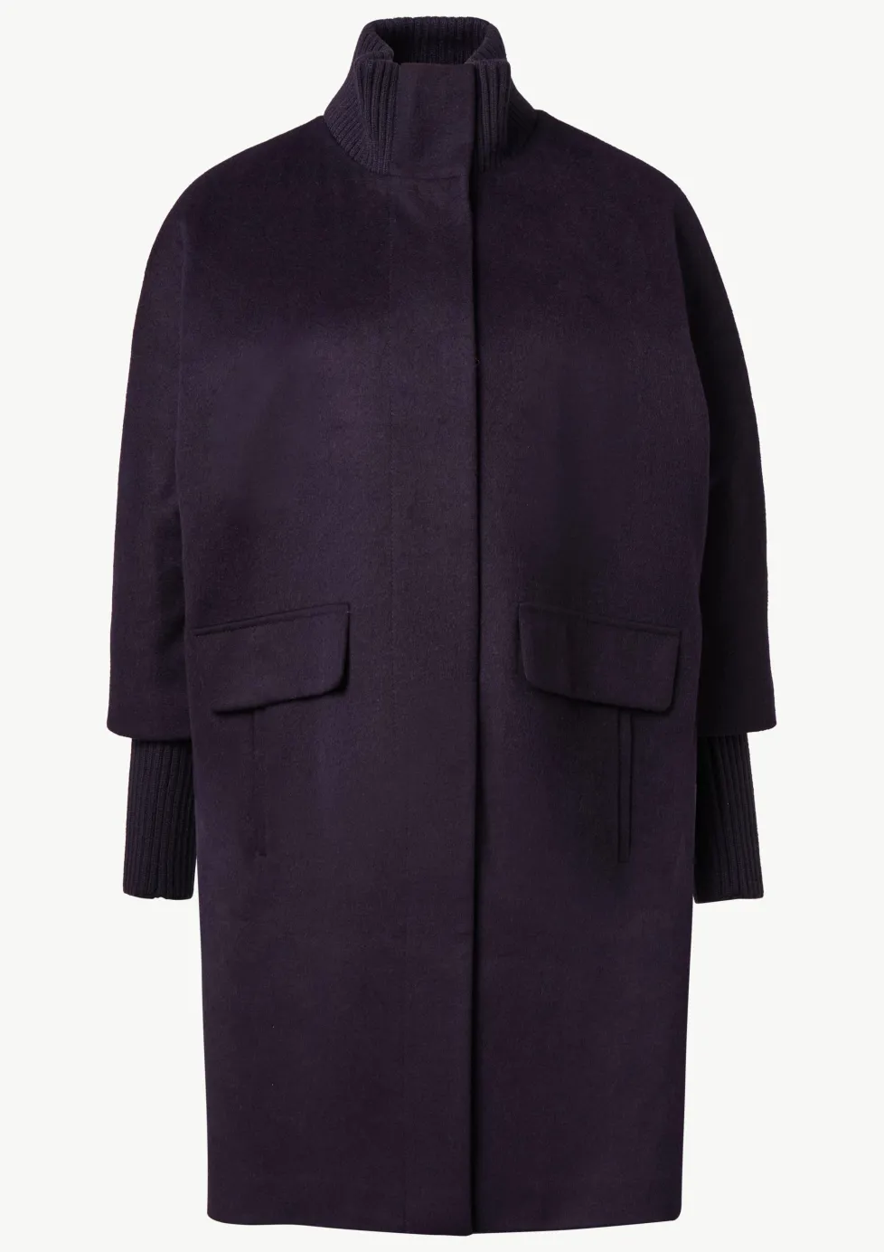 Wollmantel mit geripptem Kragen und Ärmeln