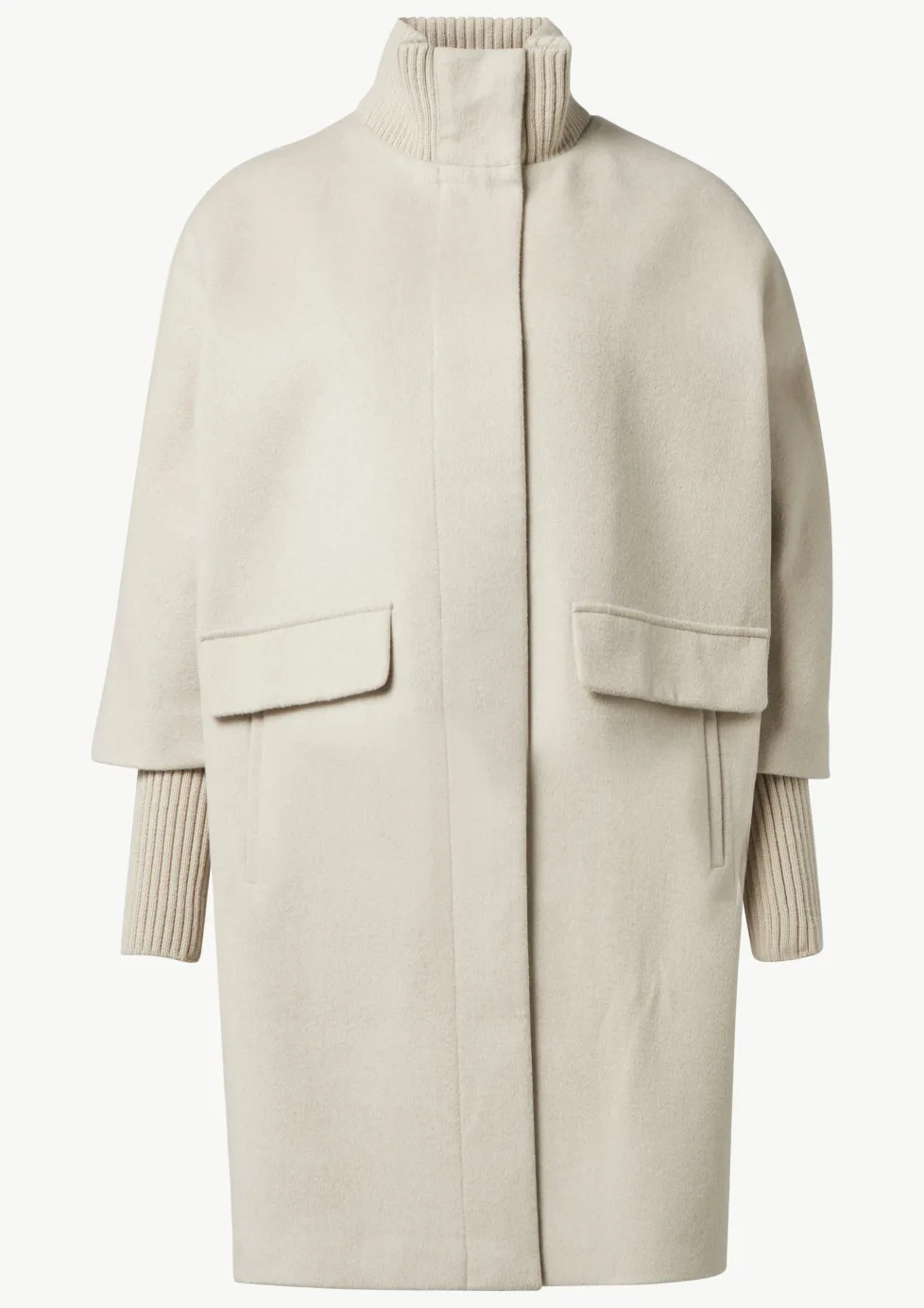 Wollmantel mit geripptem Kragen und Ärmeln